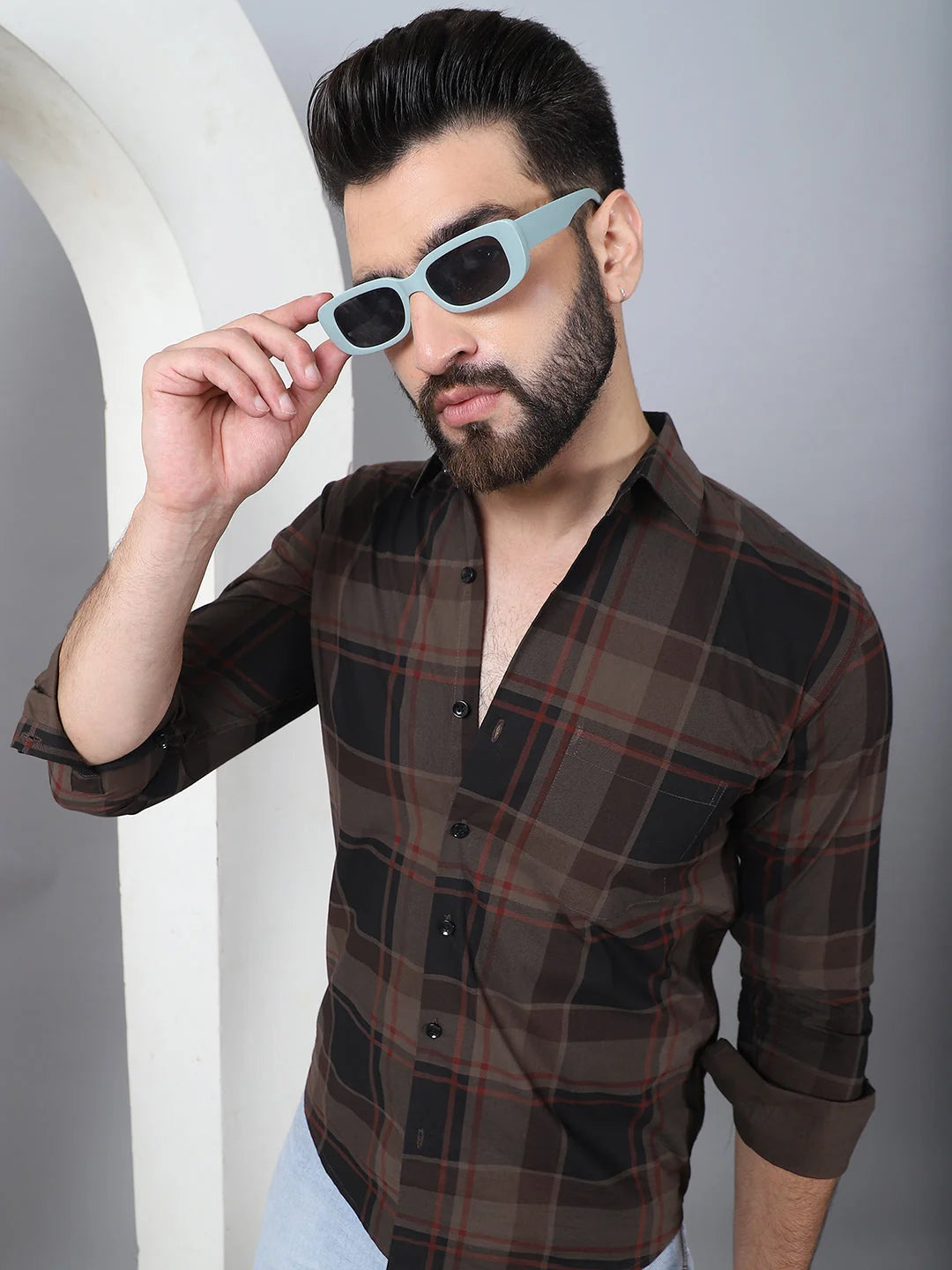 Men's Tartan Checked Cotton Casual Shirt-SF-958Coffee