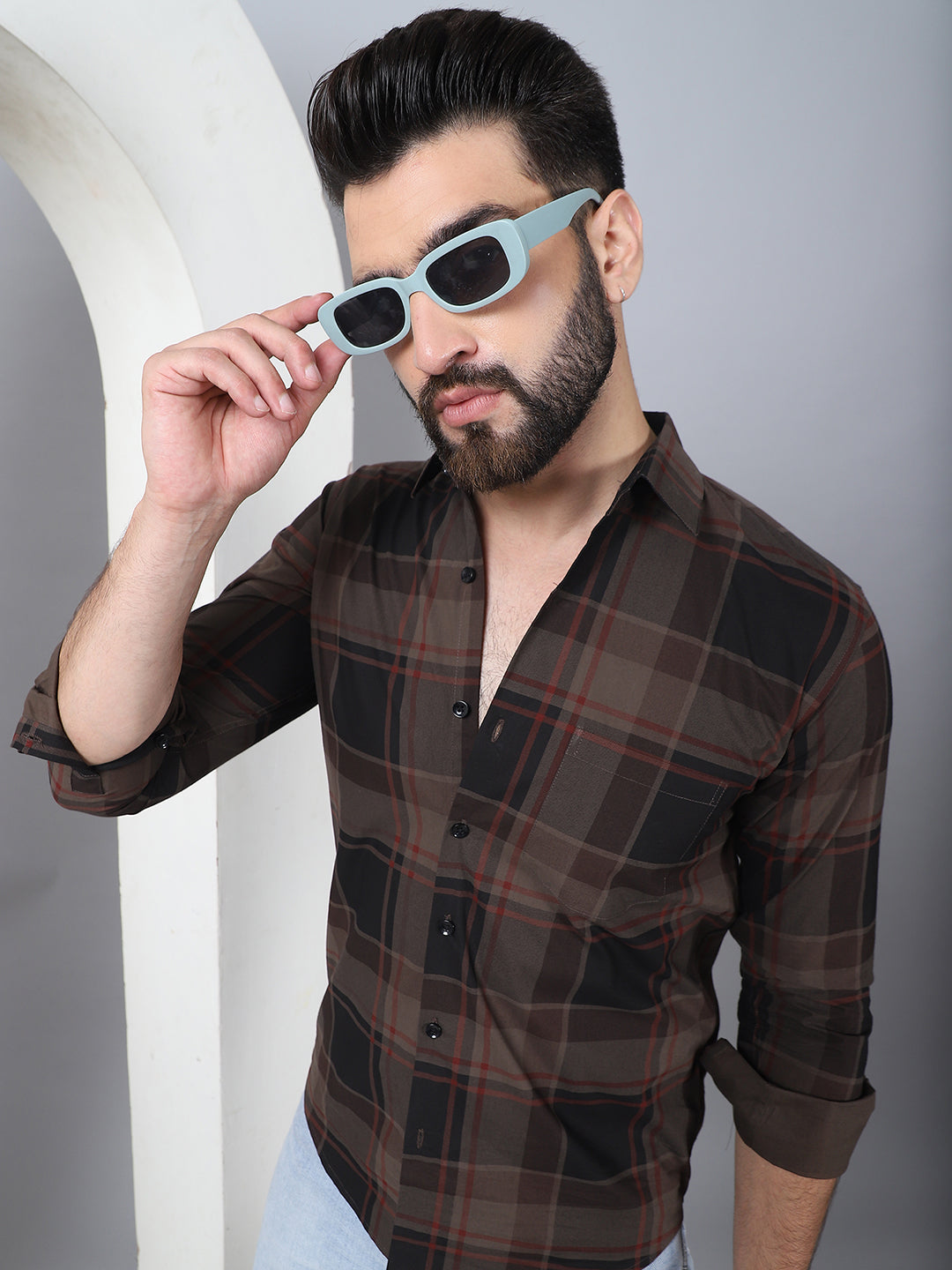 Men's Tartan Checked Cotton Casual Shirt | Coffee Formal Shirts