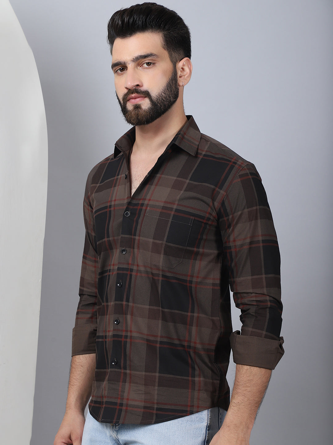 Men's Tartan Checked Cotton Casual Shirt | Coffee Formal Shirts