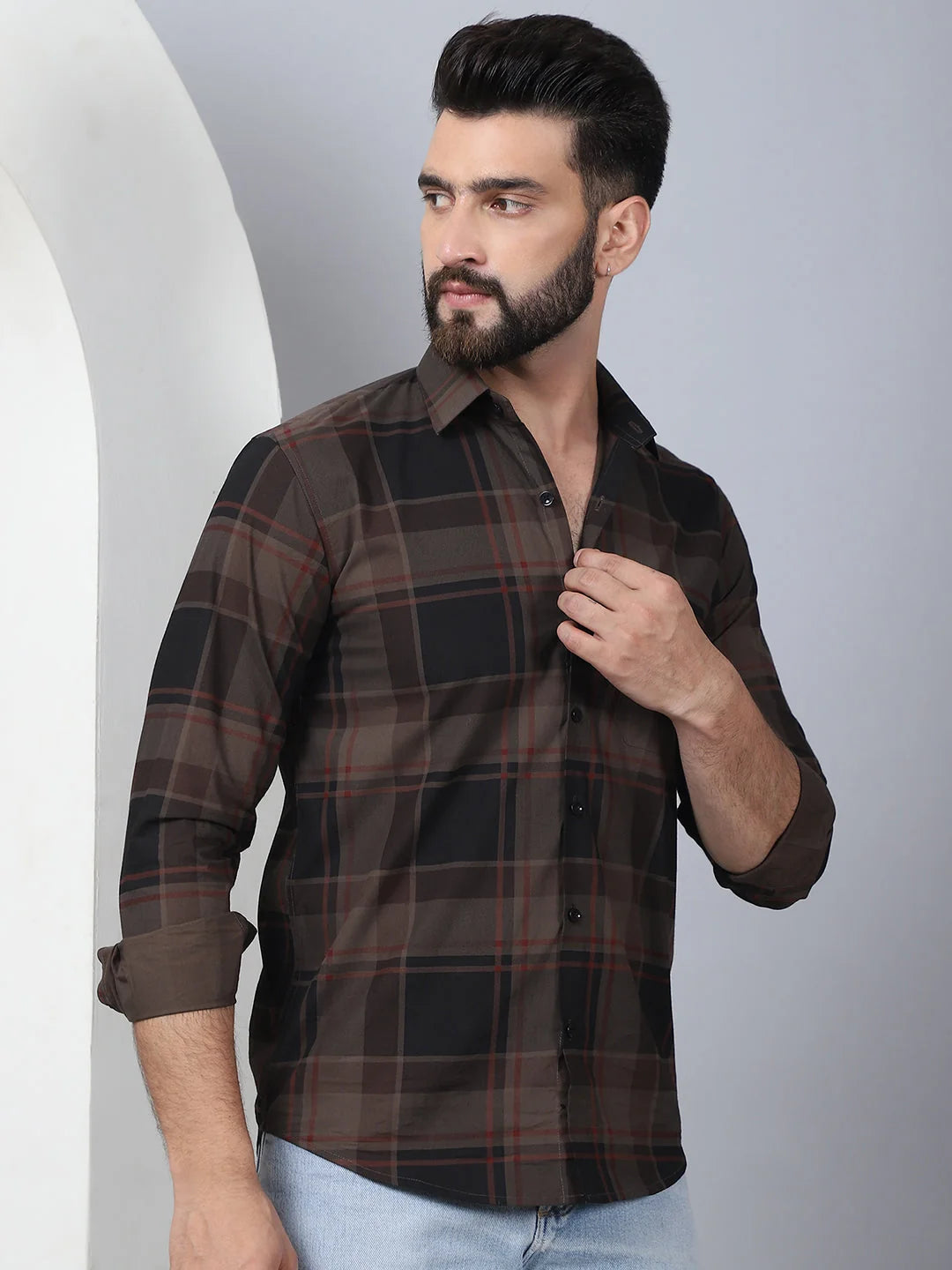 Men's Tartan Checked Cotton Casual Shirt | Coffee Formal Shirts