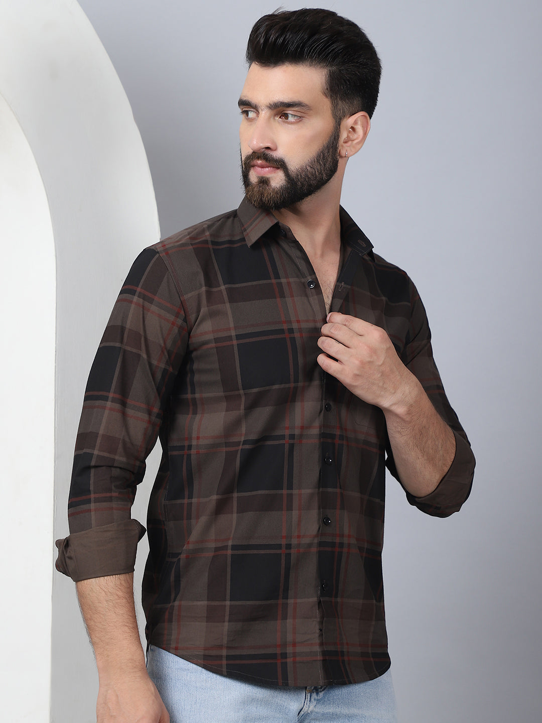 Men's Tartan Checked Cotton Casual Shirt | Coffee Formal Shirts
