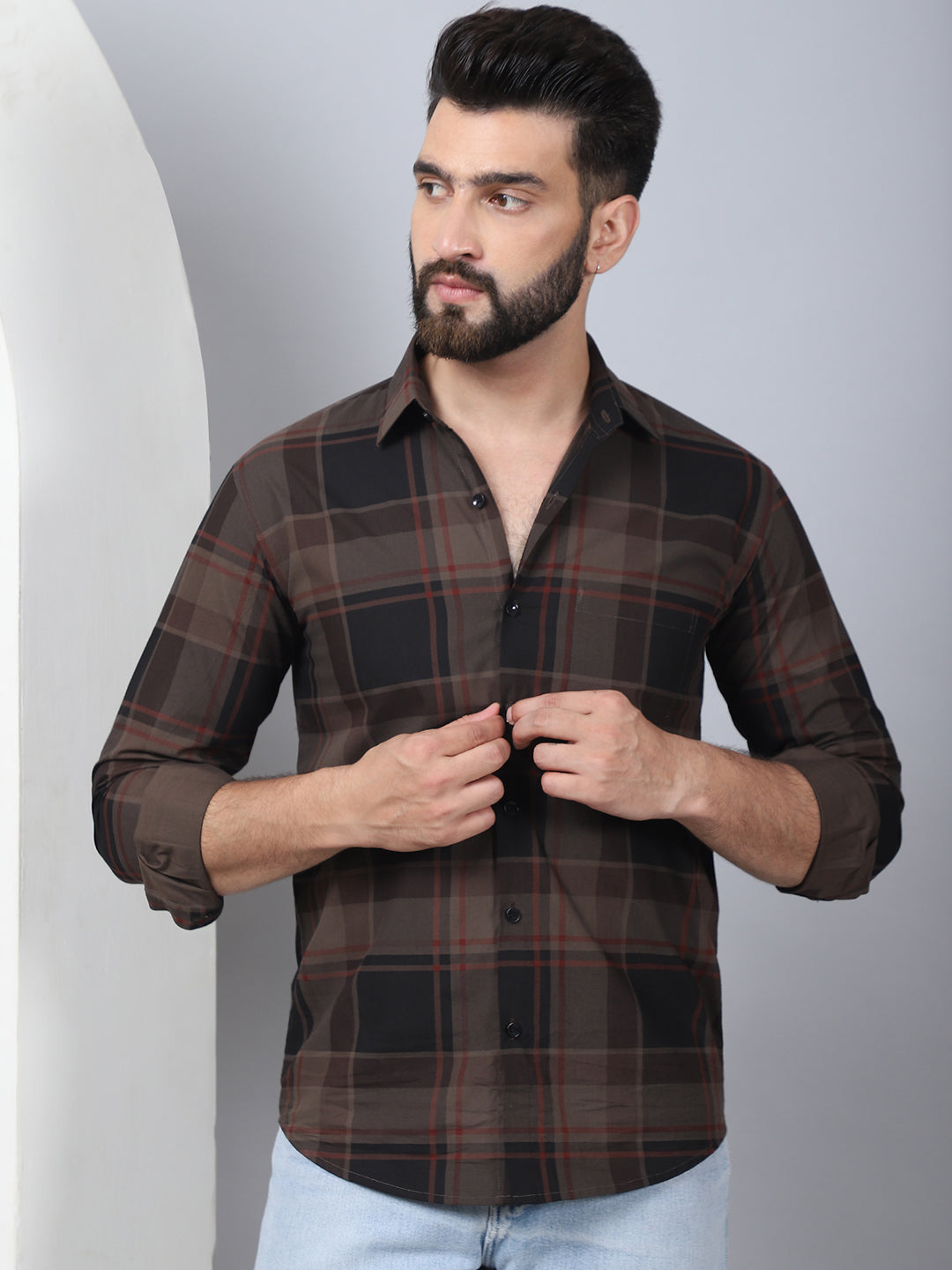 Men's Tartan Checked Cotton Casual Shirt | Coffee Formal Shirts