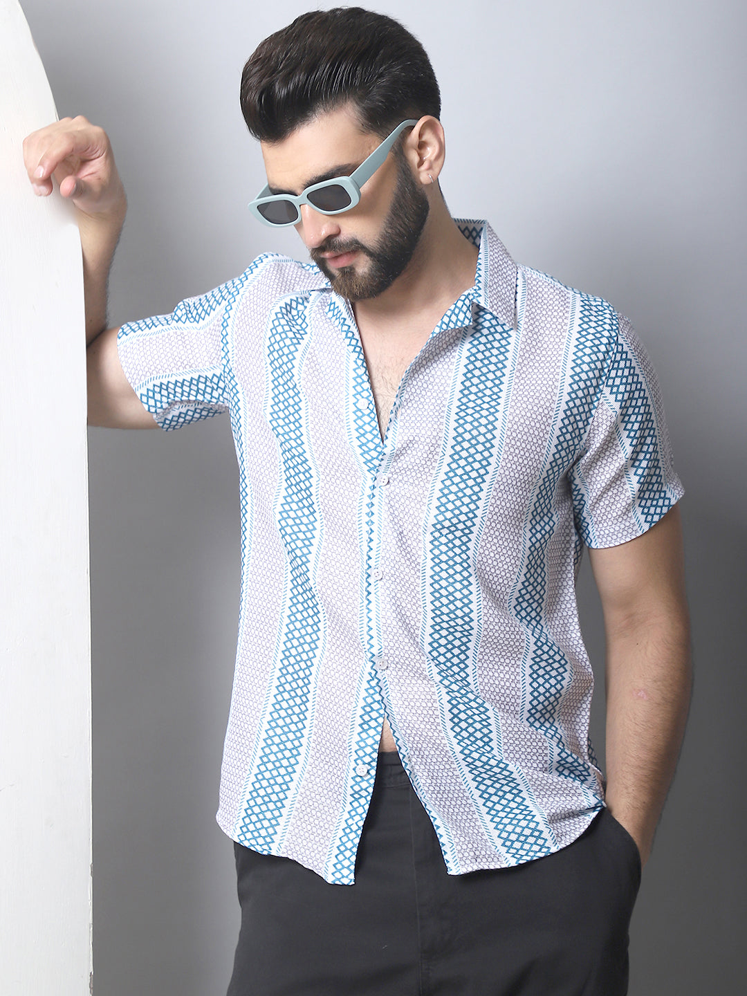 Men's Geometric Printed Cotton Casual Shirt-SF-959Green