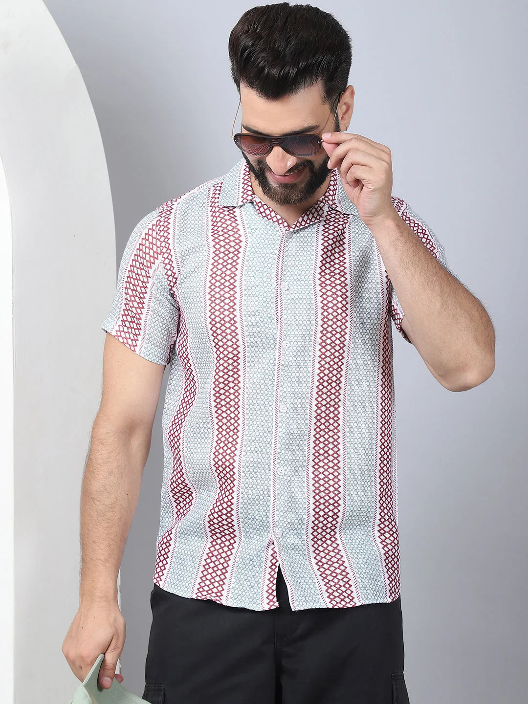 Red Geometric Print Cotton Shirt - Men's Casual Printed Shirt