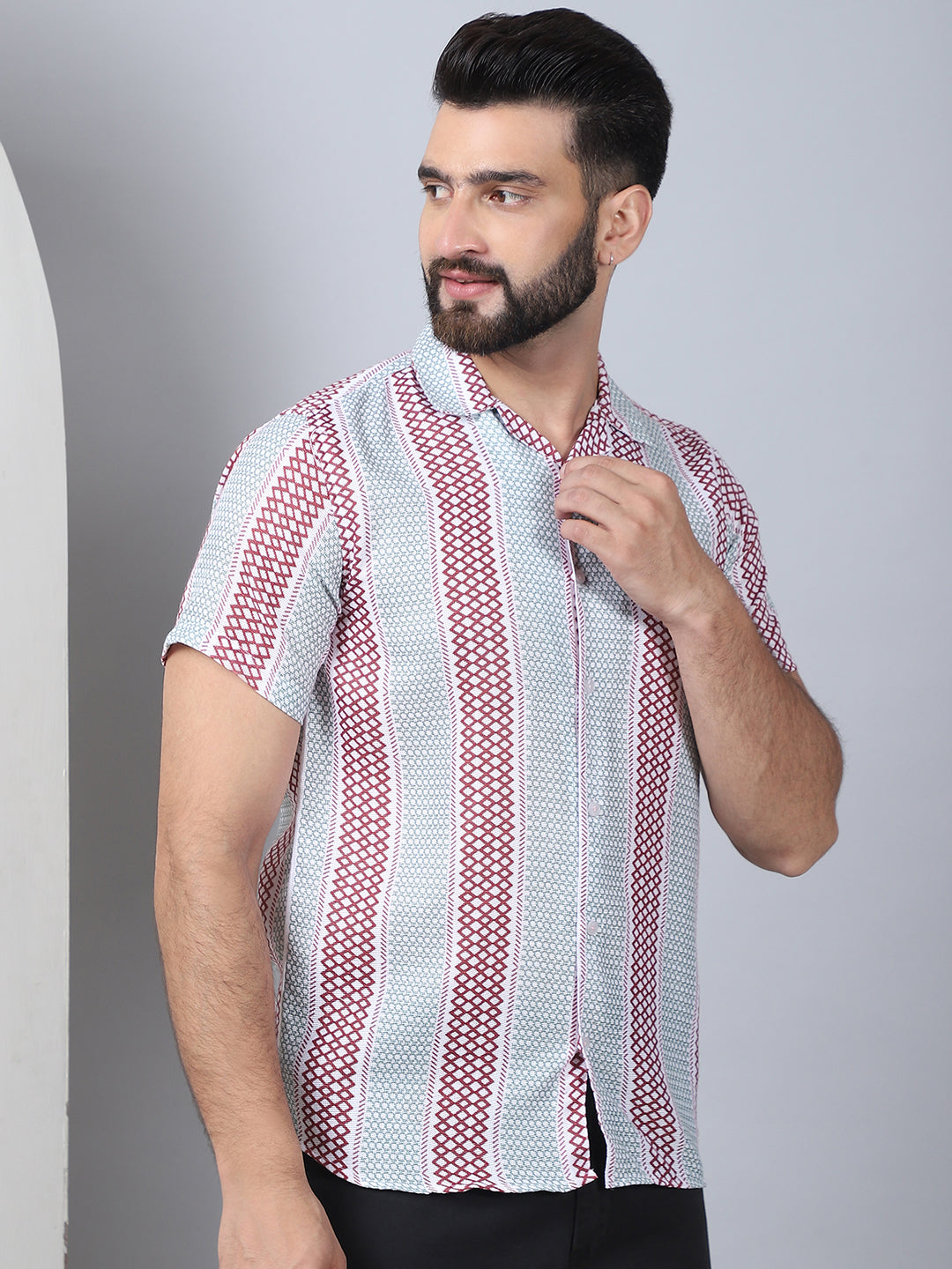 Red Geometric Print Cotton Shirt - Men's Casual Printed Shirt