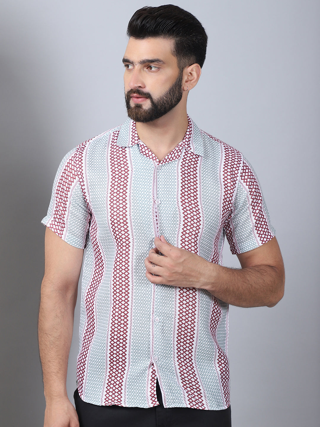 Red Geometric Print Cotton Shirt - Men's Casual Printed Shirt