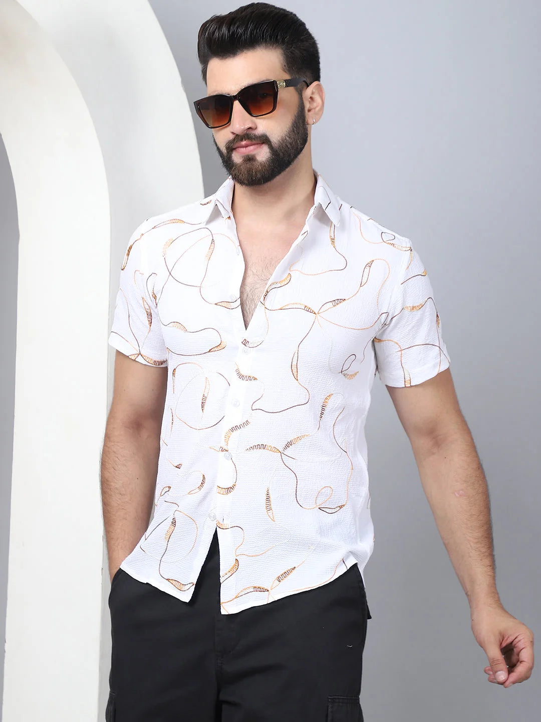 Men's Embroidered Cotton Shirt - White Casual Cotton Shirt