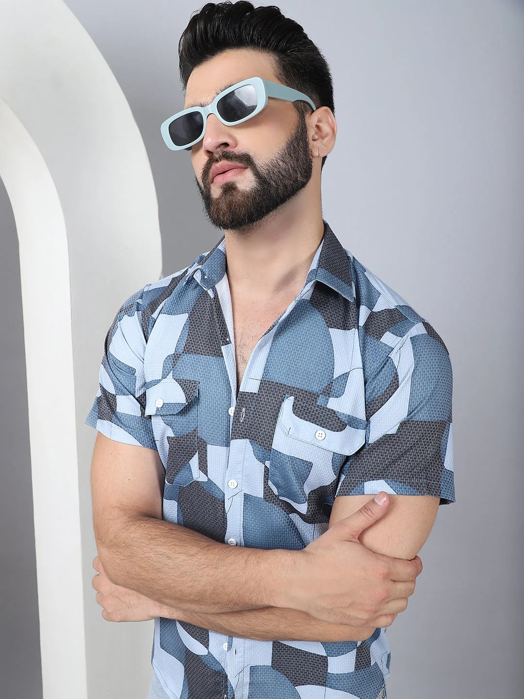 Men's Geometric Printed Cotton Casual Shirt-SF-961Grey