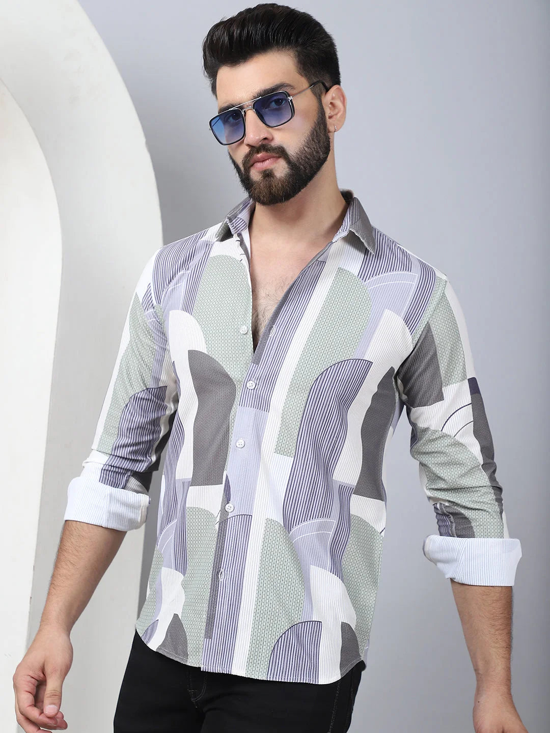 Abstract Printed Spread Collar Cotton Casual Shirt for Men-SF-962Grey