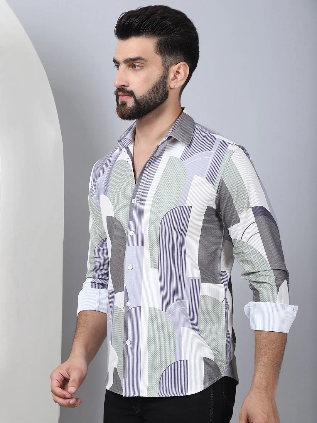 Abstract Print Grey Cotton Shirt - Men's Casual Printed Shirt