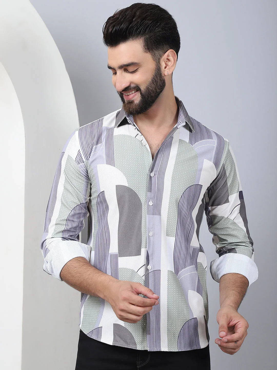 Abstract Print Grey Cotton Shirt - Men's Casual Printed Shirt