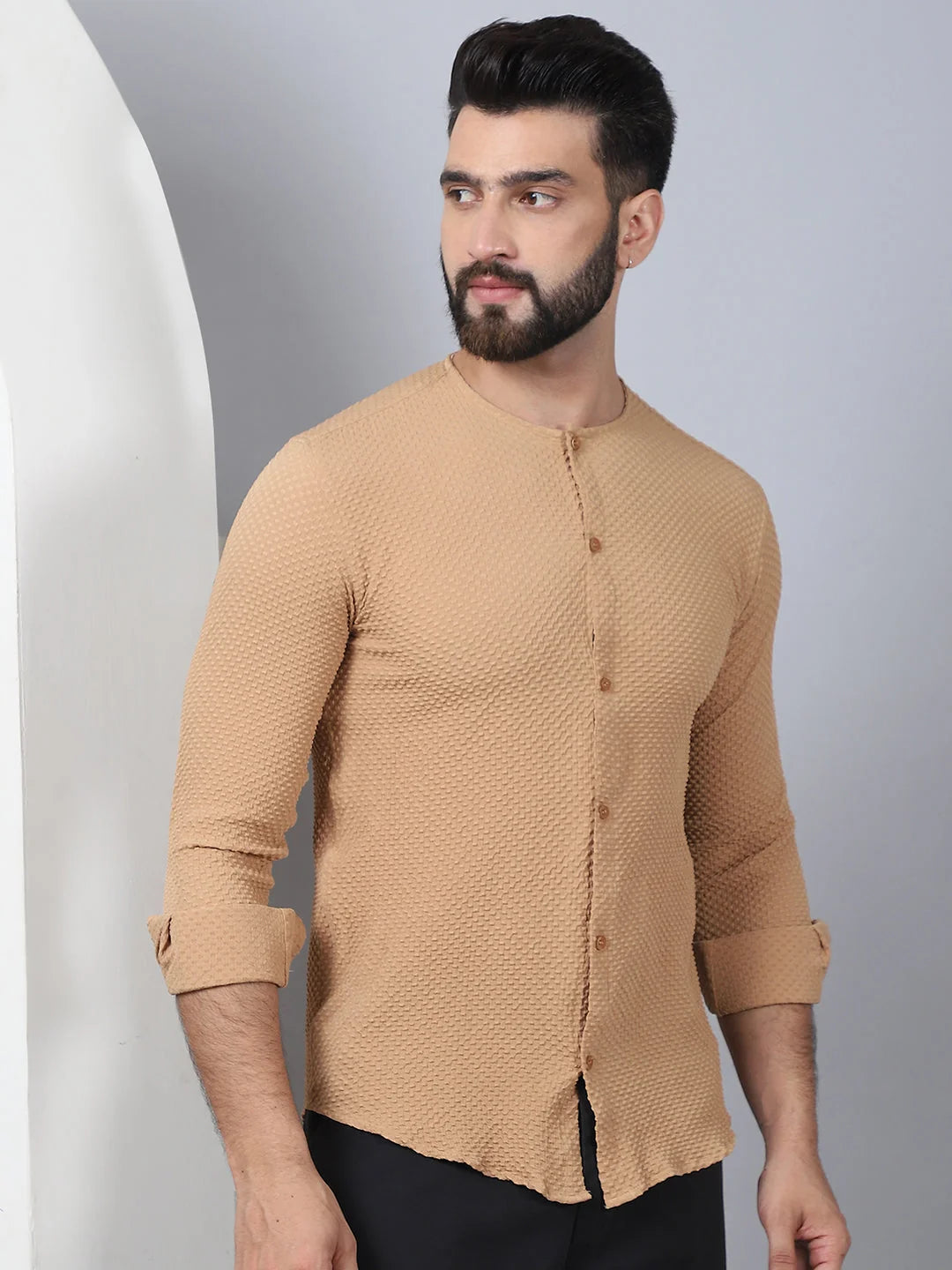 Beige Cotton Blend Mens Shirt - Collarless Casual Shirt