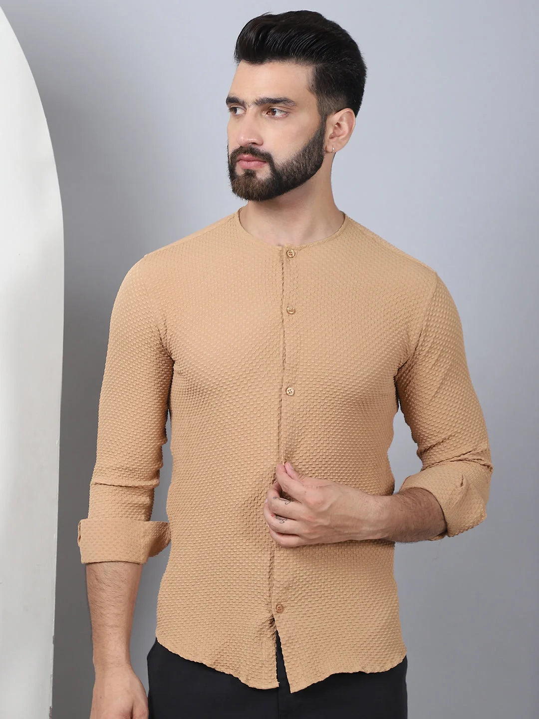 Beige Cotton Blend Mens Shirt - Collarless Casual Shirt