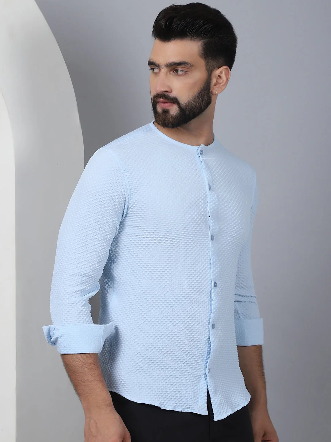 Firozi Cotton Blend Mens Shirt - Collarless Casual Shirt