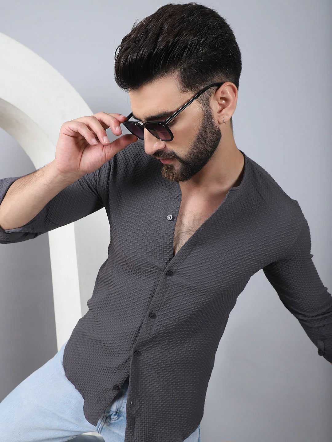 Grey Cotton Blend Mens Shirt - Collarless Casual Shirt