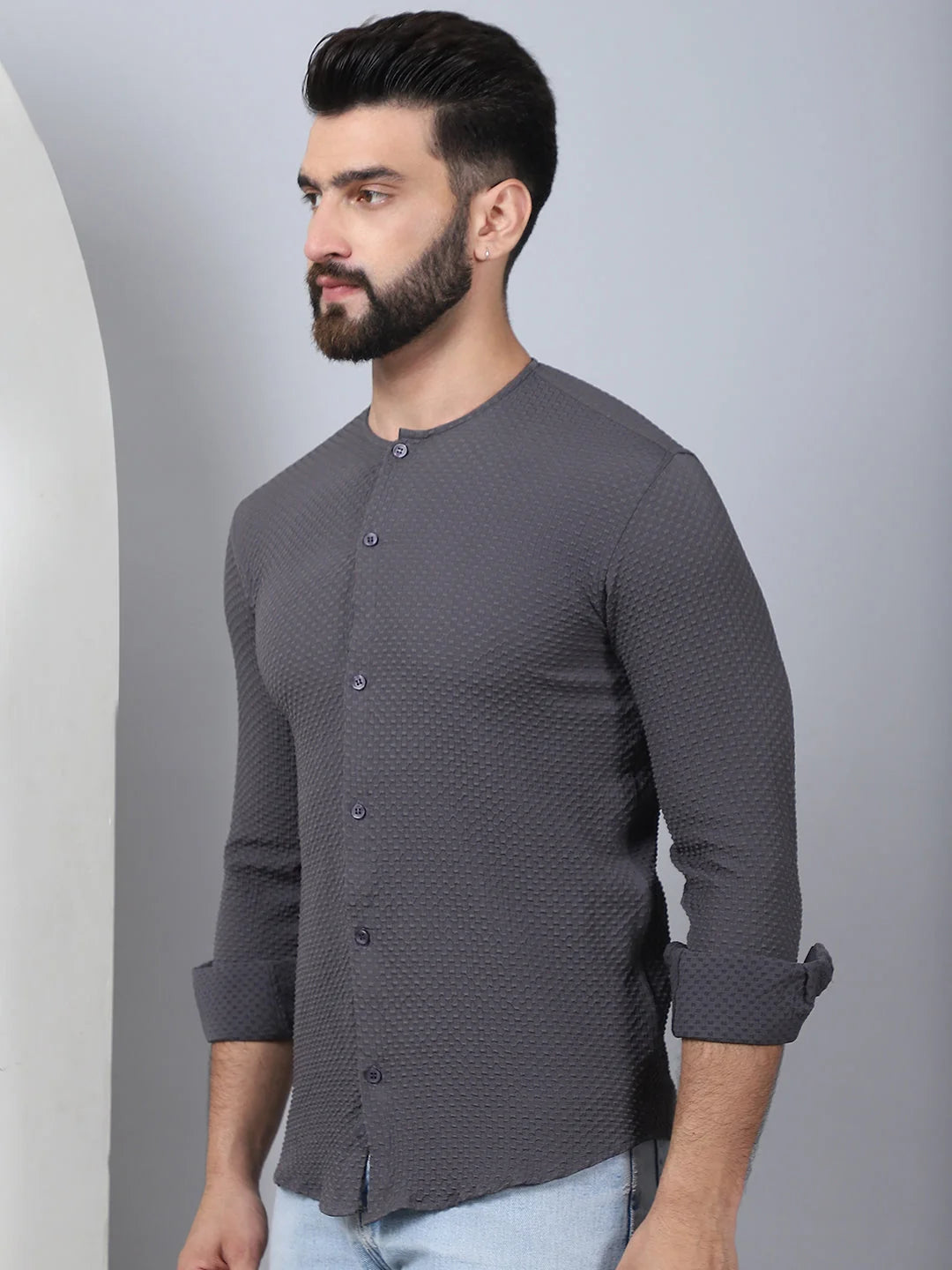 Grey Cotton Blend Mens Shirt - Collarless Casual Shirt