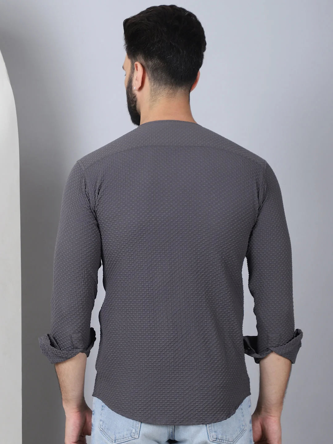 Grey Cotton Blend Mens Shirt - Collarless Casual Shirt