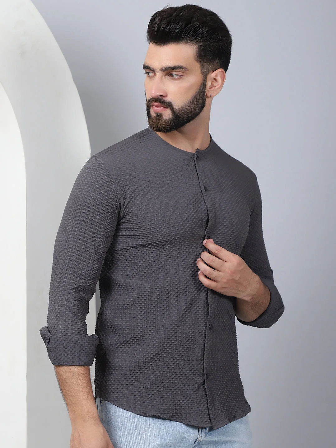 Grey Cotton Blend Mens Shirt - Collarless Casual Shirt