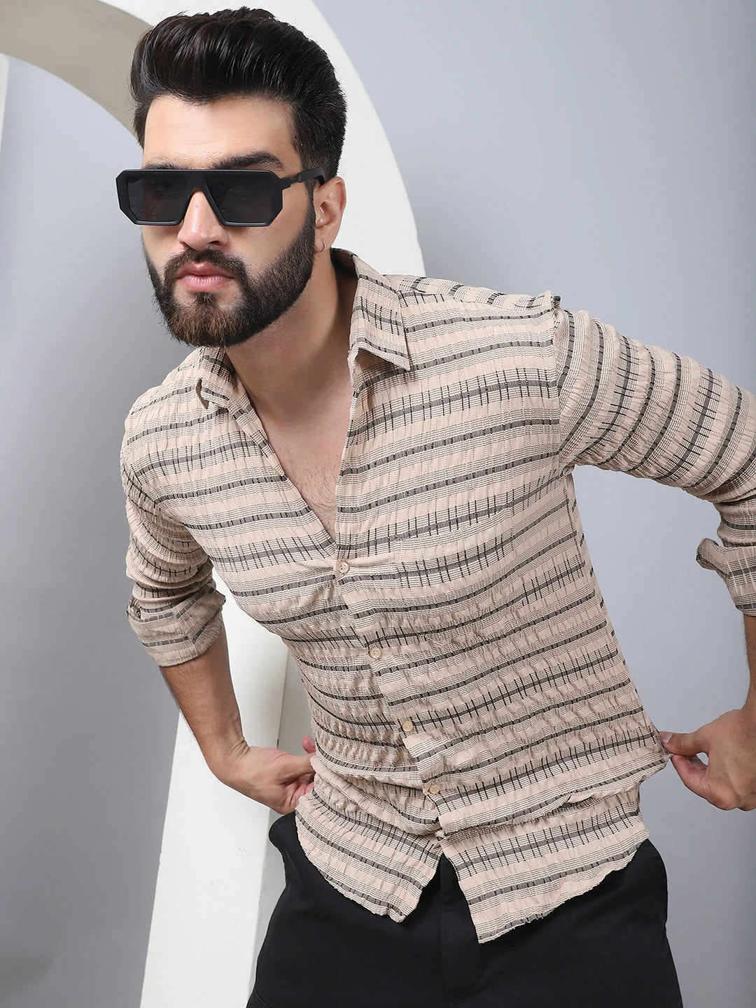 Striped Cotton Mens Shirt - Beige Casual Shirt | Shop Now