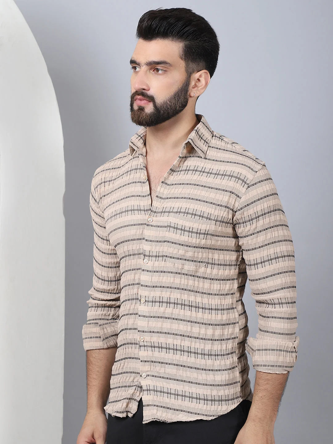 Striped Cotton Mens Shirt - Beige Casual Shirt | Shop Now