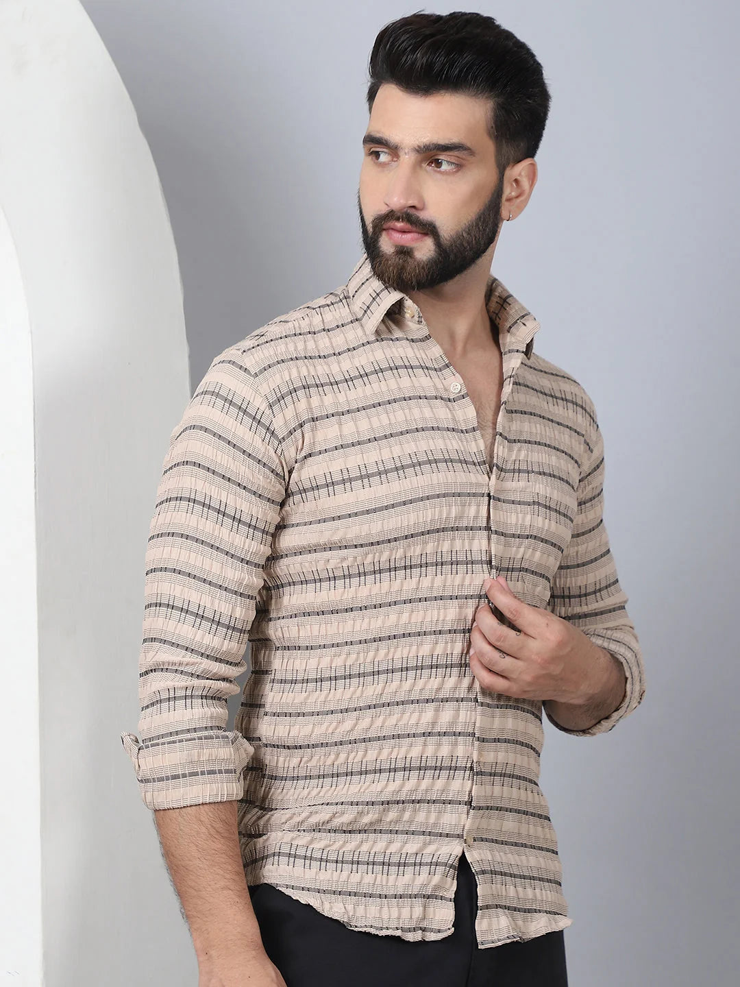 Striped Cotton Mens Shirt - Beige Casual Shirt | Shop Now