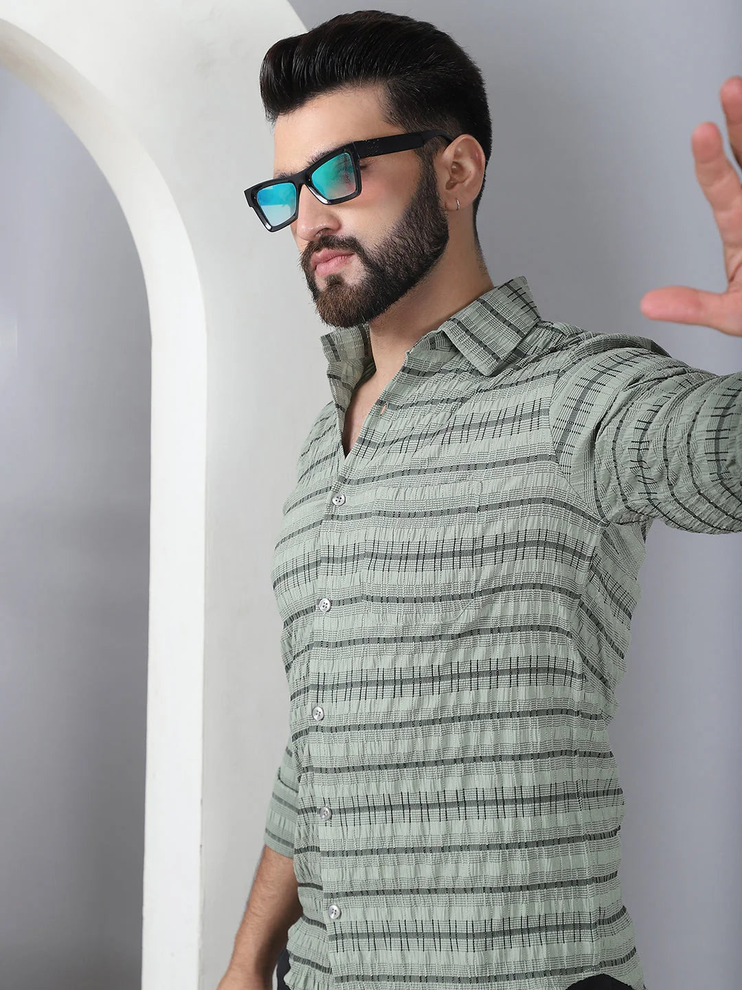 Green Striped Cotton Mens Shirt - Long Sleeve Casual Fit