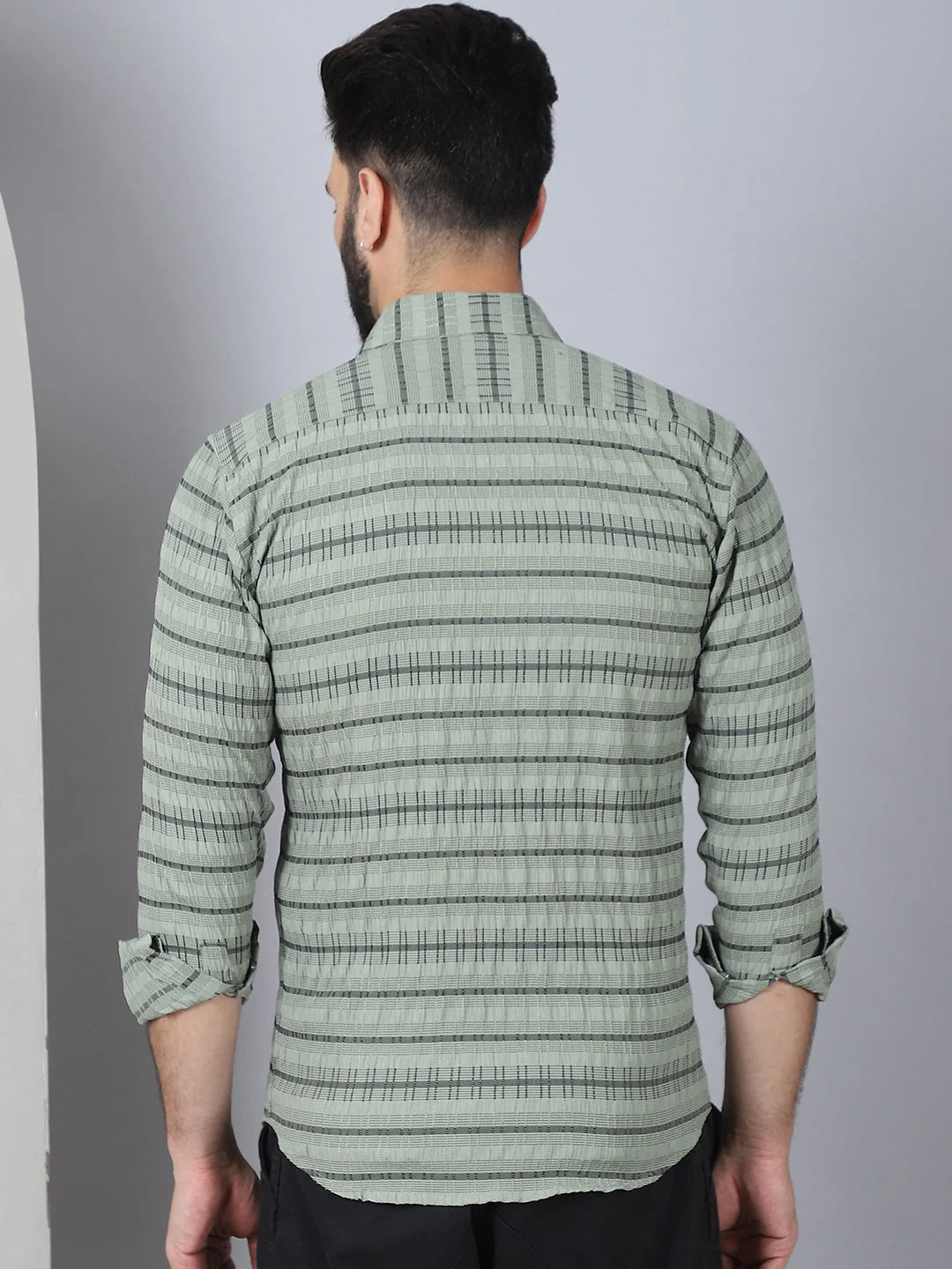 Green Striped Cotton Mens Shirt - Long Sleeve Casual Fit
