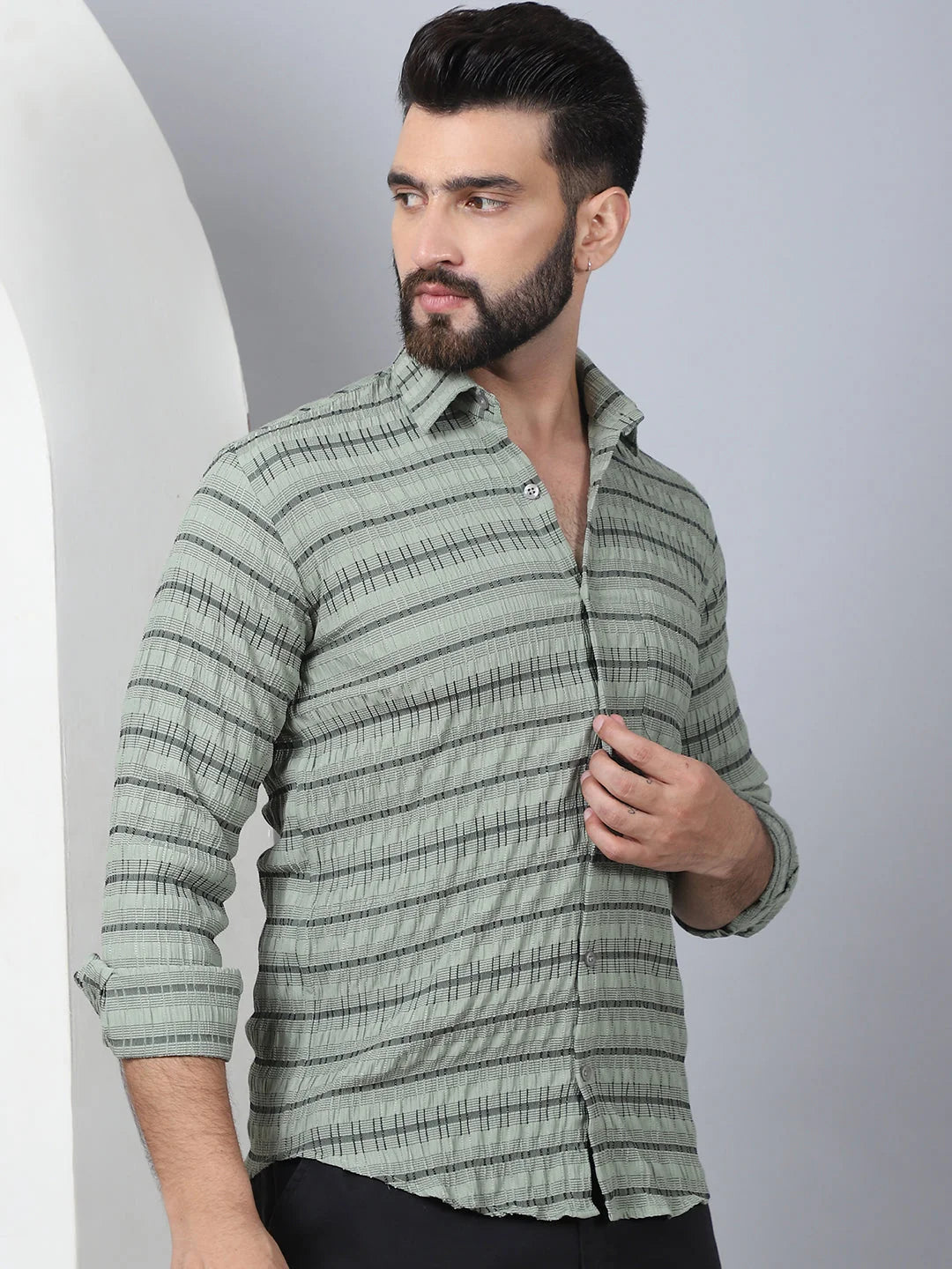 Green Striped Cotton Mens Shirt - Long Sleeve Casual Fit