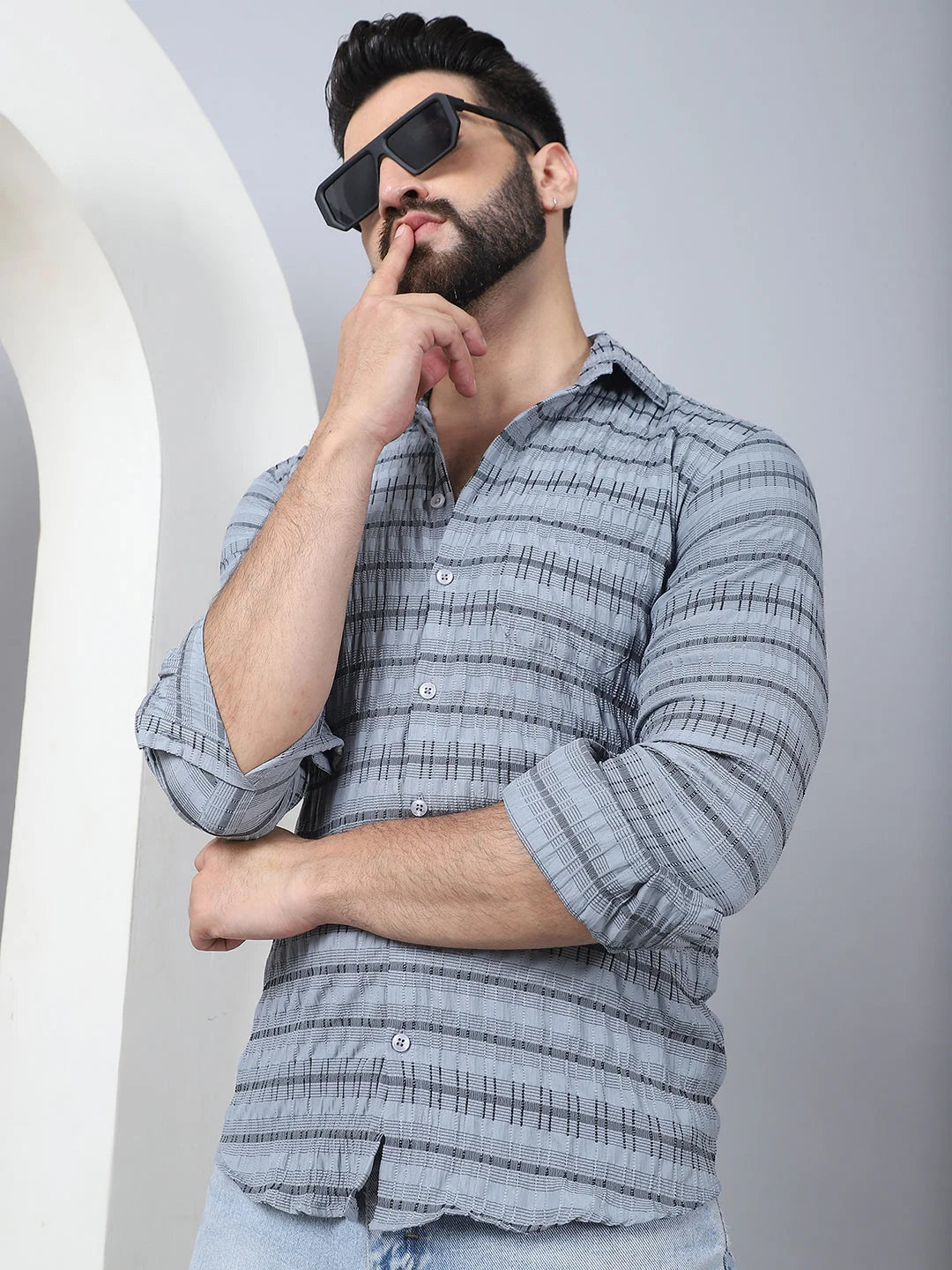 Striped Cotton Mens Shirt - Grey Casual Long Sleeve Shirt