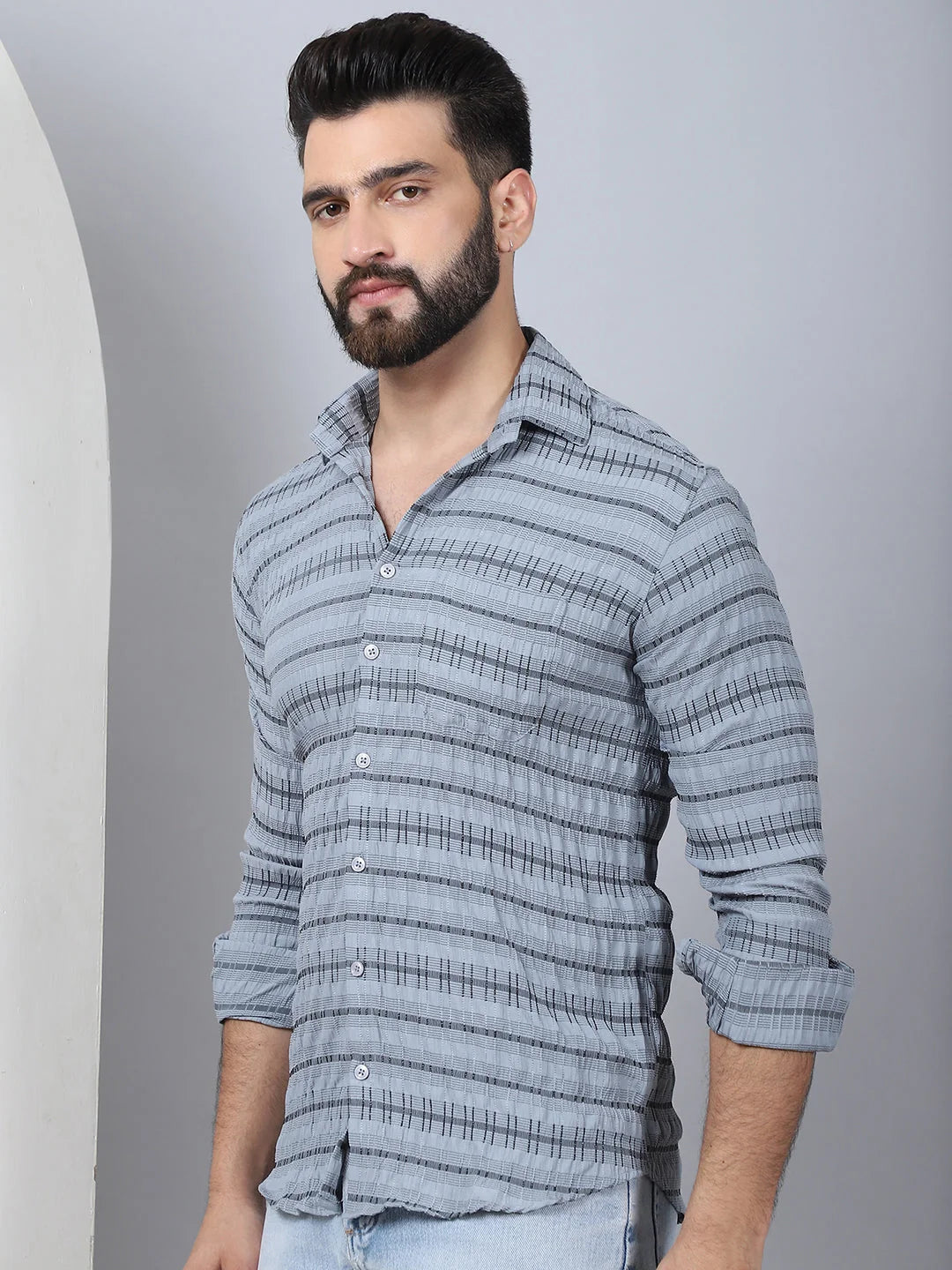 Striped Cotton Mens Shirt - Grey Casual Long Sleeve Shirt