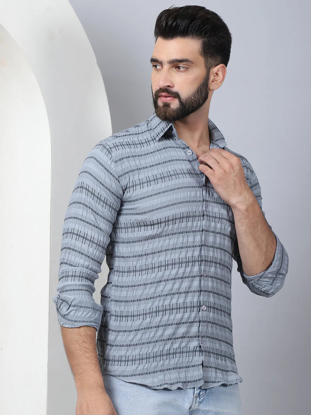 Striped Cotton Mens Shirt - Grey Casual Long Sleeve Shirt