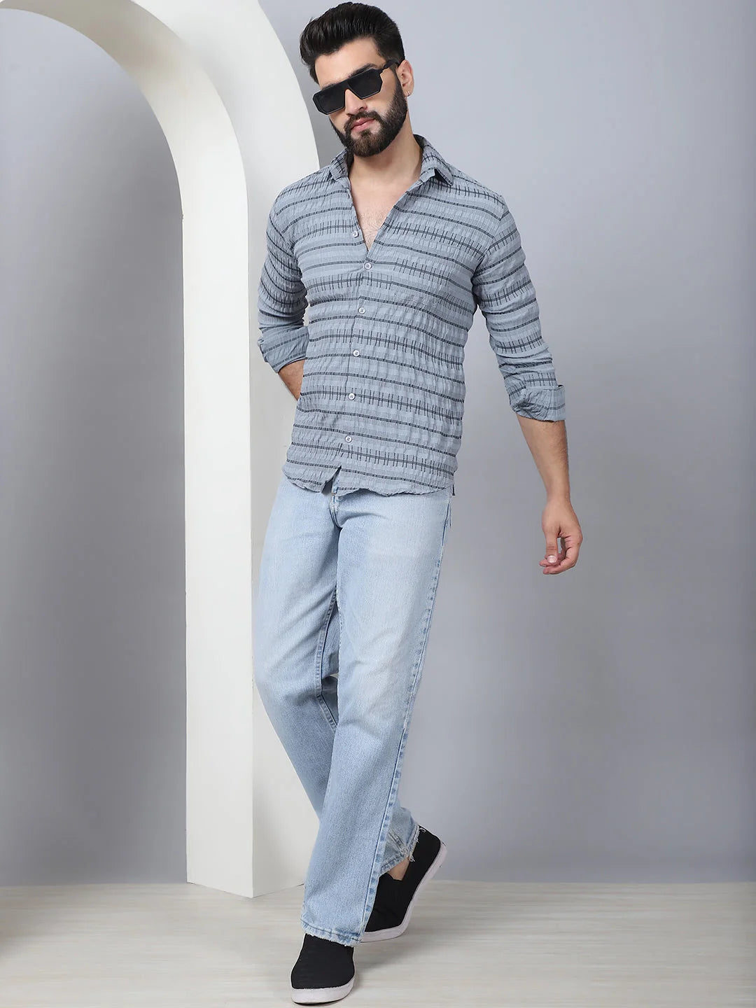 Striped Cotton Mens Shirt - Grey Casual Long Sleeve Shirt