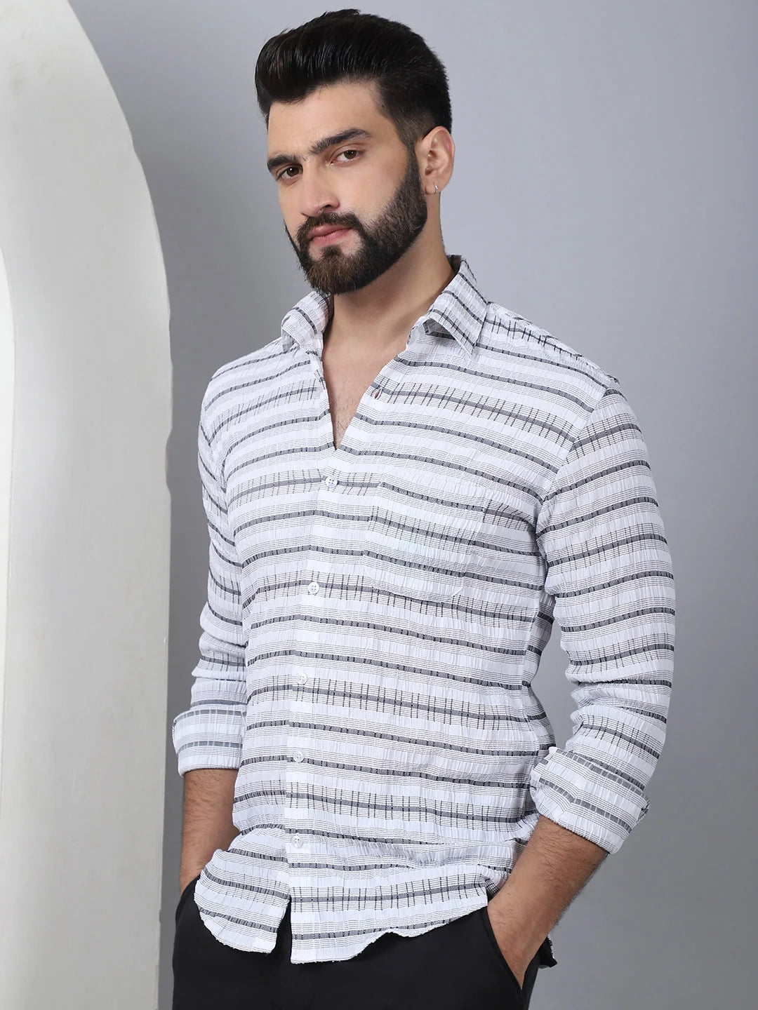 Striped Cotton Mens Shirt - Light Grey Long Sleeve Casual