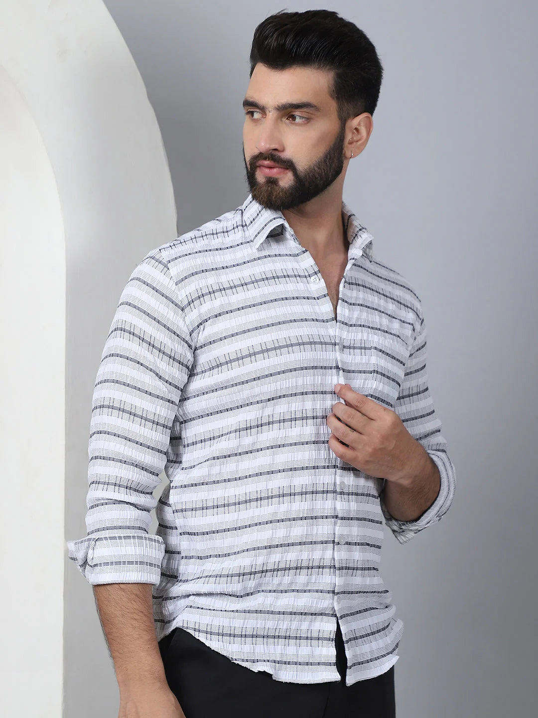 Striped Cotton Mens Shirt - Light Grey Long Sleeve Casual