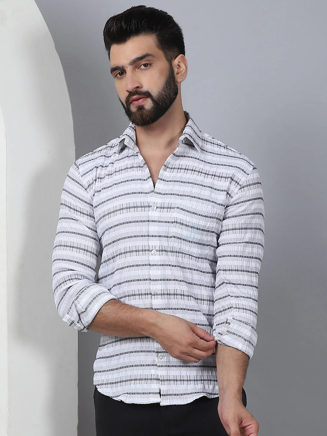 Striped Cotton Mens Shirt - Light Grey Long Sleeve Casual