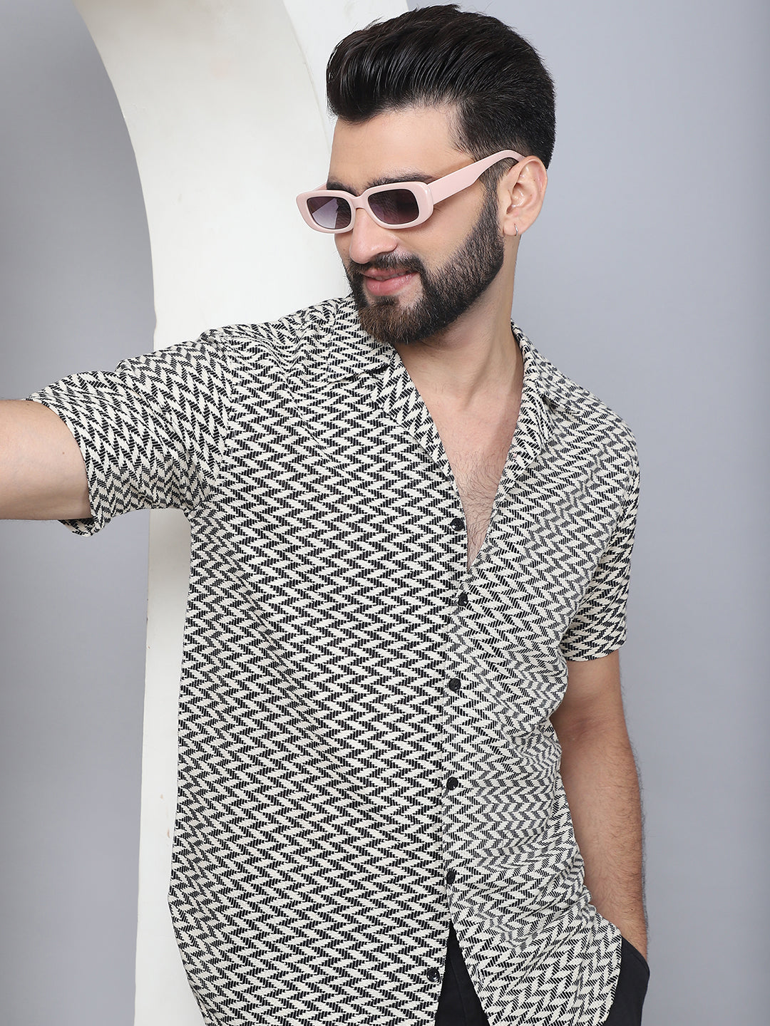 Black Cotton Mens Shirt - Self Design Cuban Collar Casual