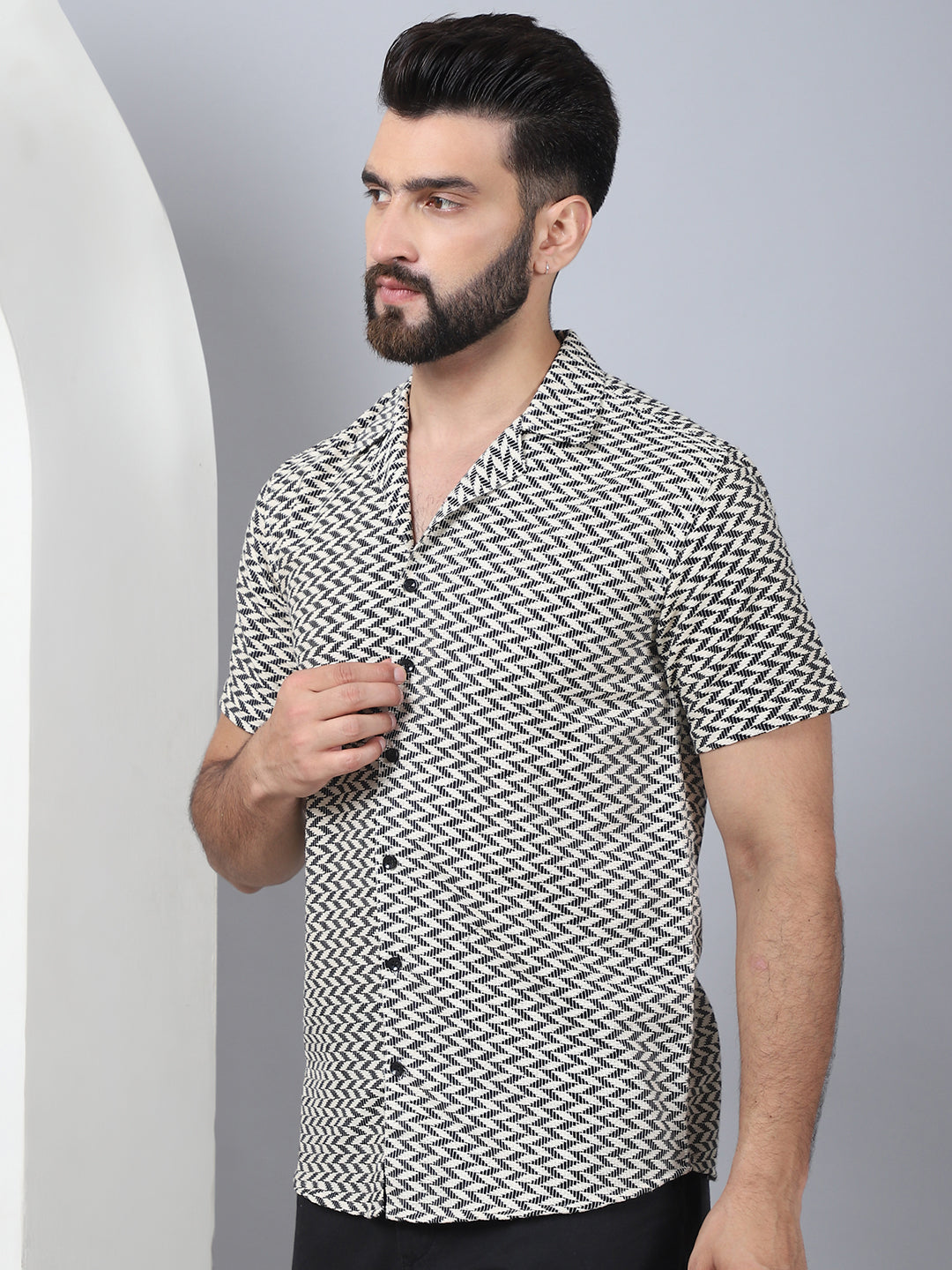 Black Cotton Mens Shirt - Self Design Cuban Collar Casual