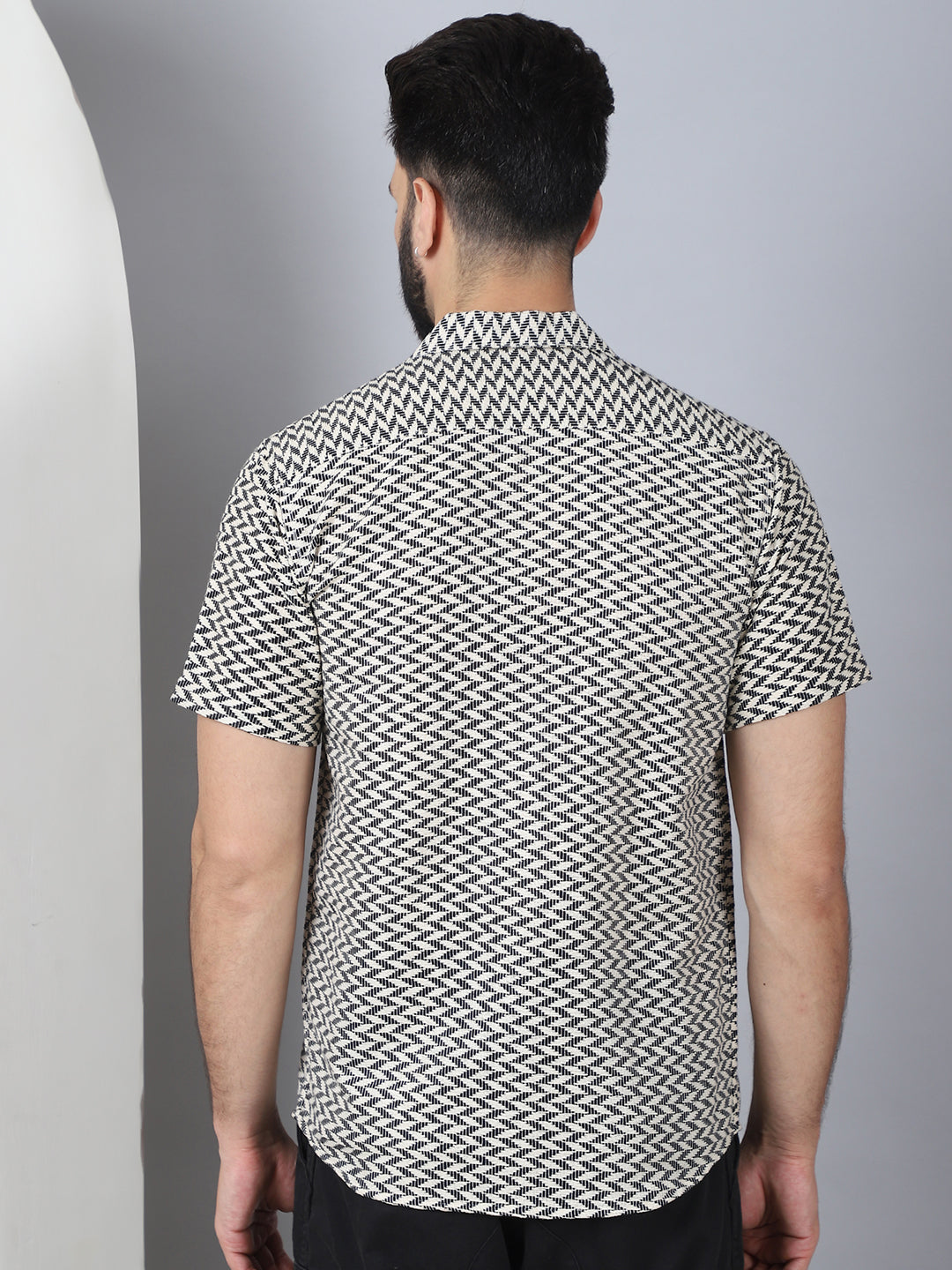 Black Cotton Mens Shirt - Self Design Cuban Collar Casual