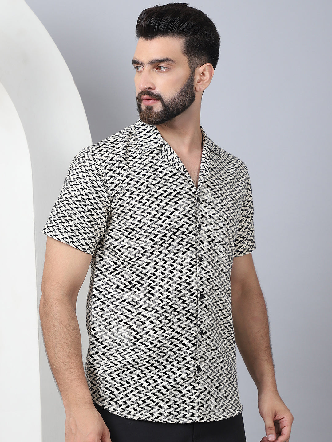 Black Cotton Mens Shirt - Self Design Cuban Collar Casual
