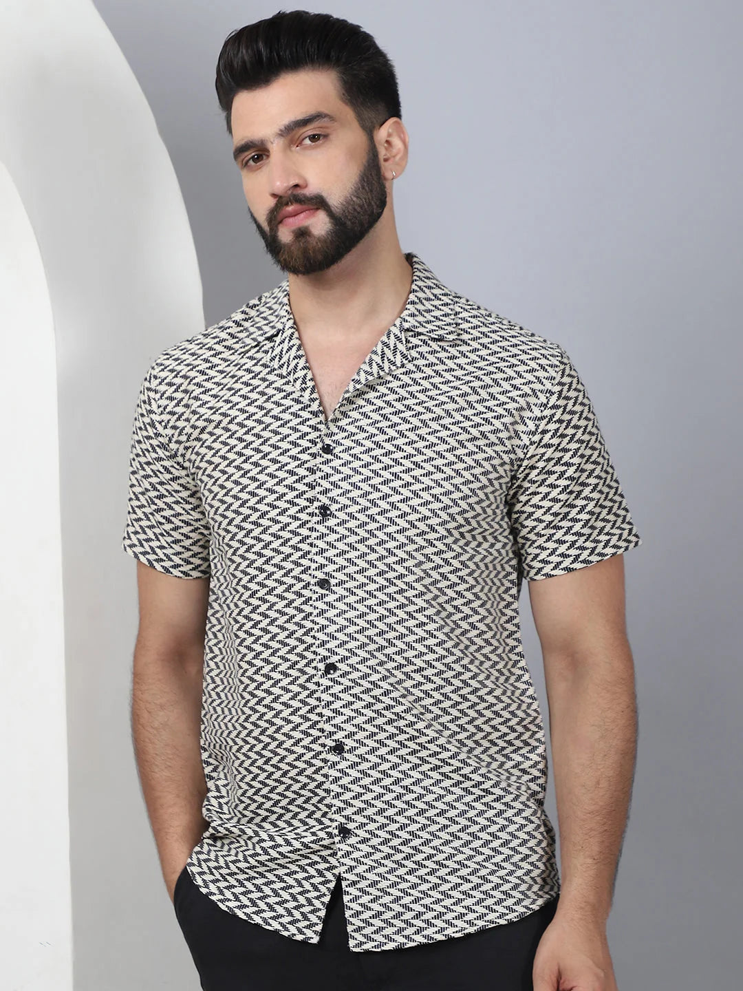 Black Cotton Mens Shirt - Self Design Cuban Collar Casual