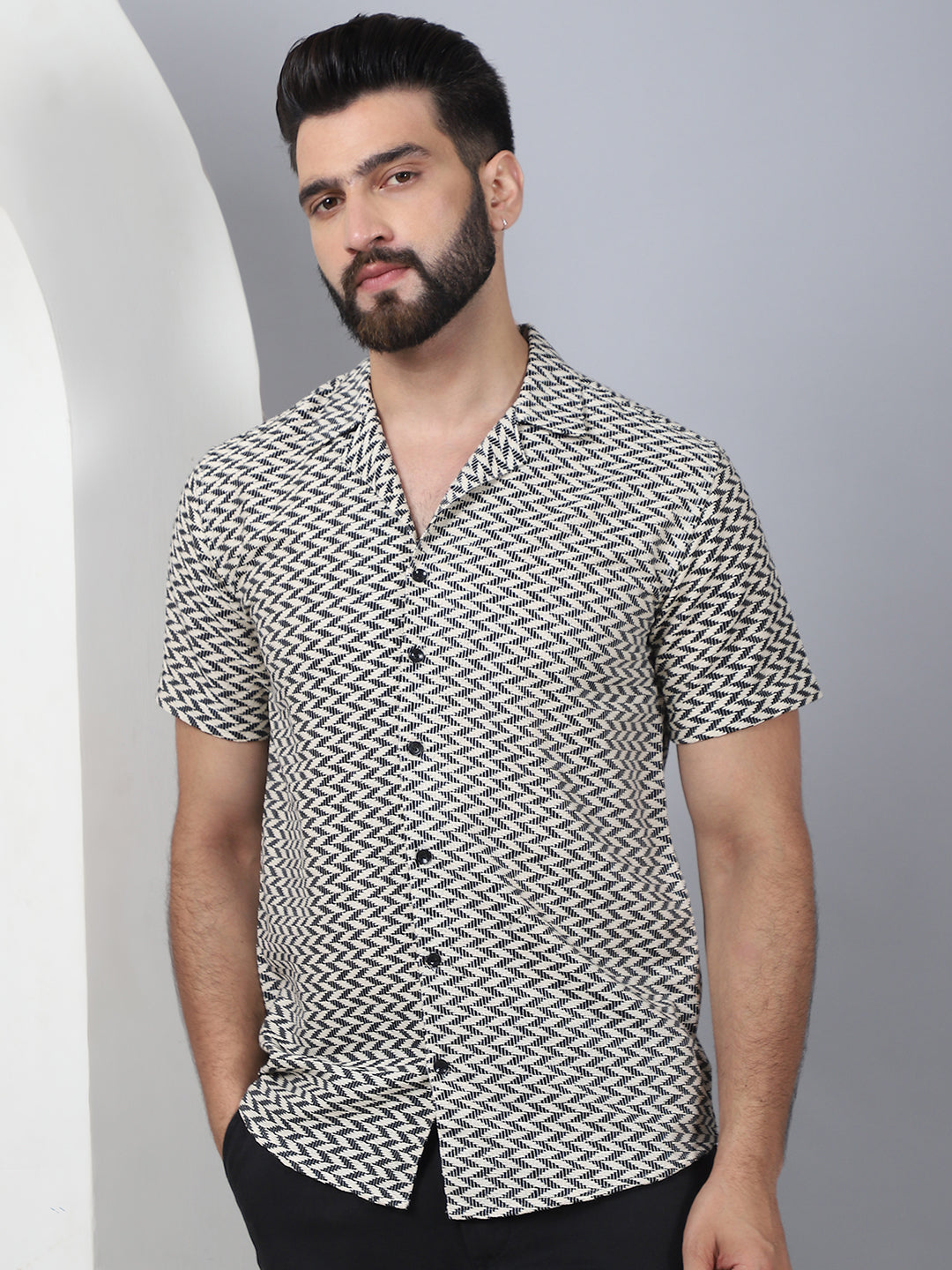 Black Cotton Mens Shirt - Self Design Cuban Collar Casual