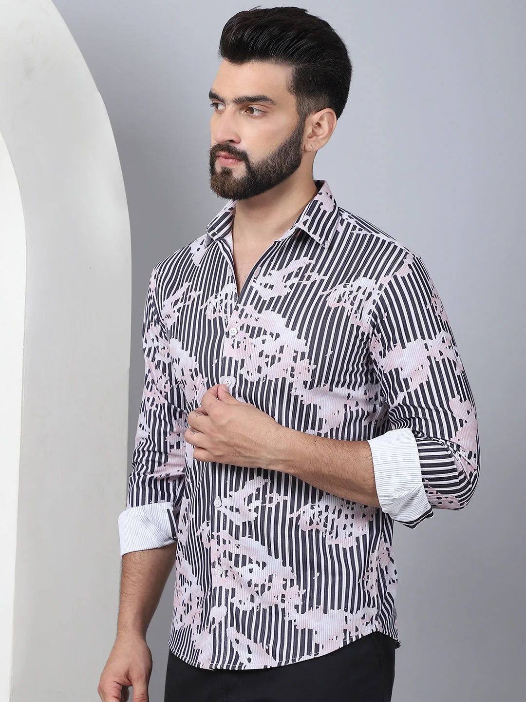 Printed Mens Shirt - Spread Collar Cotton Casual Shirt Grey