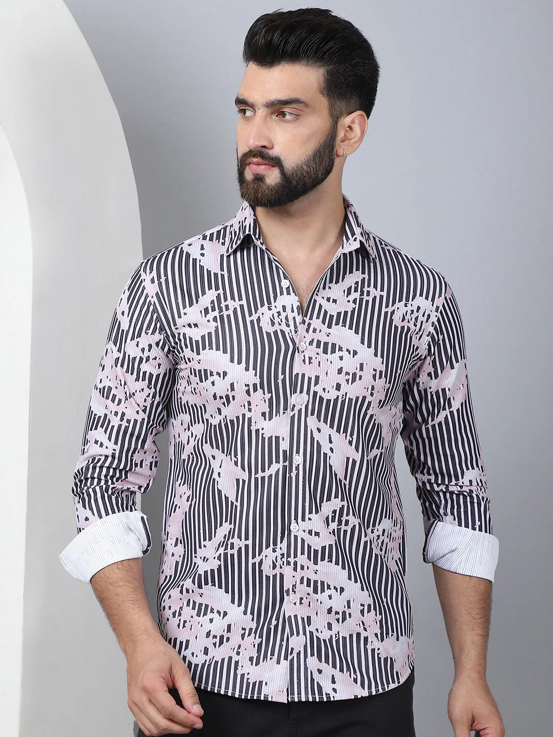 Printed Mens Shirt - Spread Collar Cotton Casual Shirt Grey