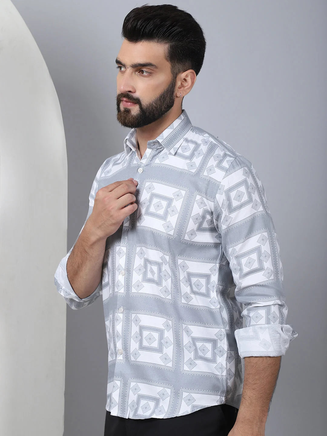 Light Grey Cotton Mens Shirt - Printed Spread Collar Shirt