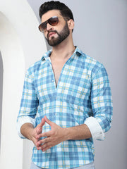 Checked Spread Collar Cotton Casual Shirt for Men-SF-968Sky