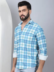 Checked Spread Collar Cotton Casual Shirt for Men-SF-968Sky