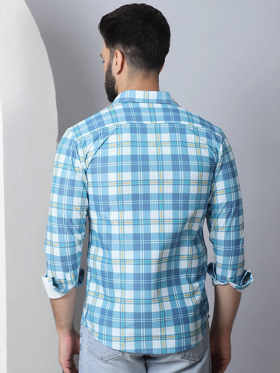 Checked Sky Cotton Mens Shirt - Casual Printed Shirt