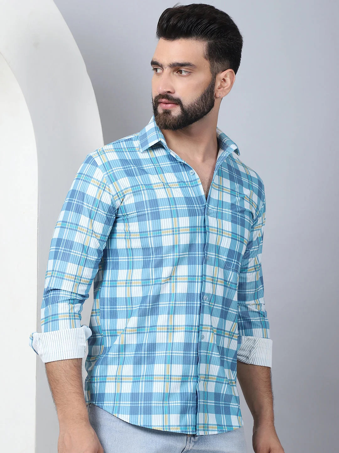 Checked Sky Cotton Mens Shirt - Casual Printed Shirt