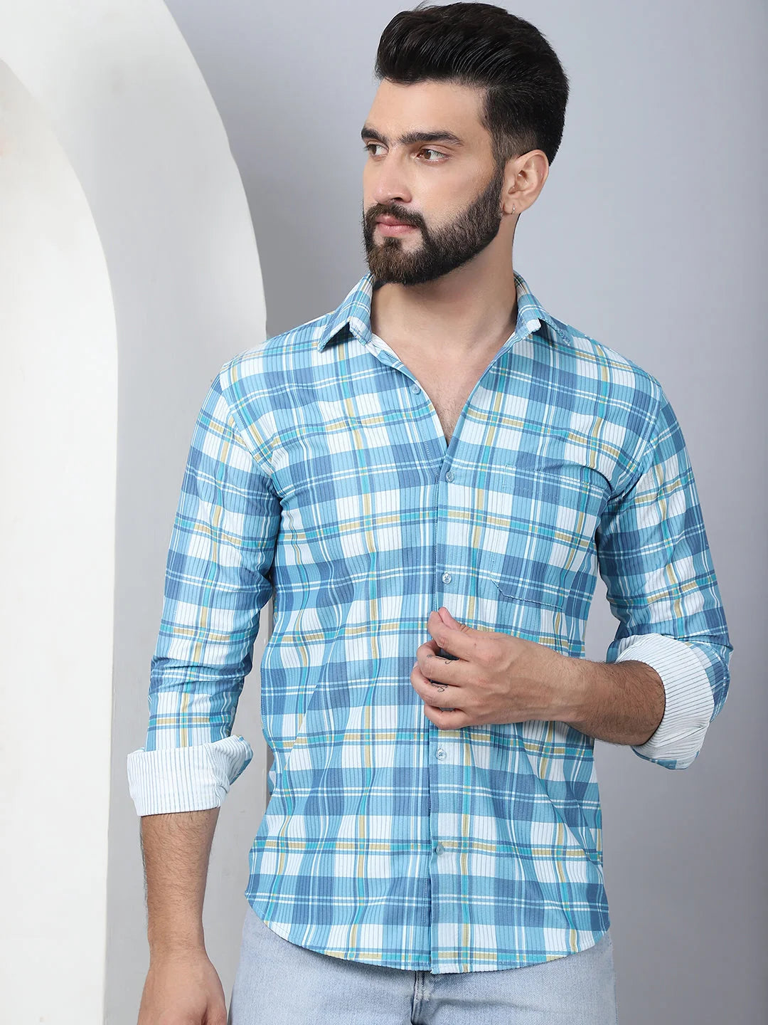 Checked Sky Cotton Mens Shirt - Casual Printed Shirt