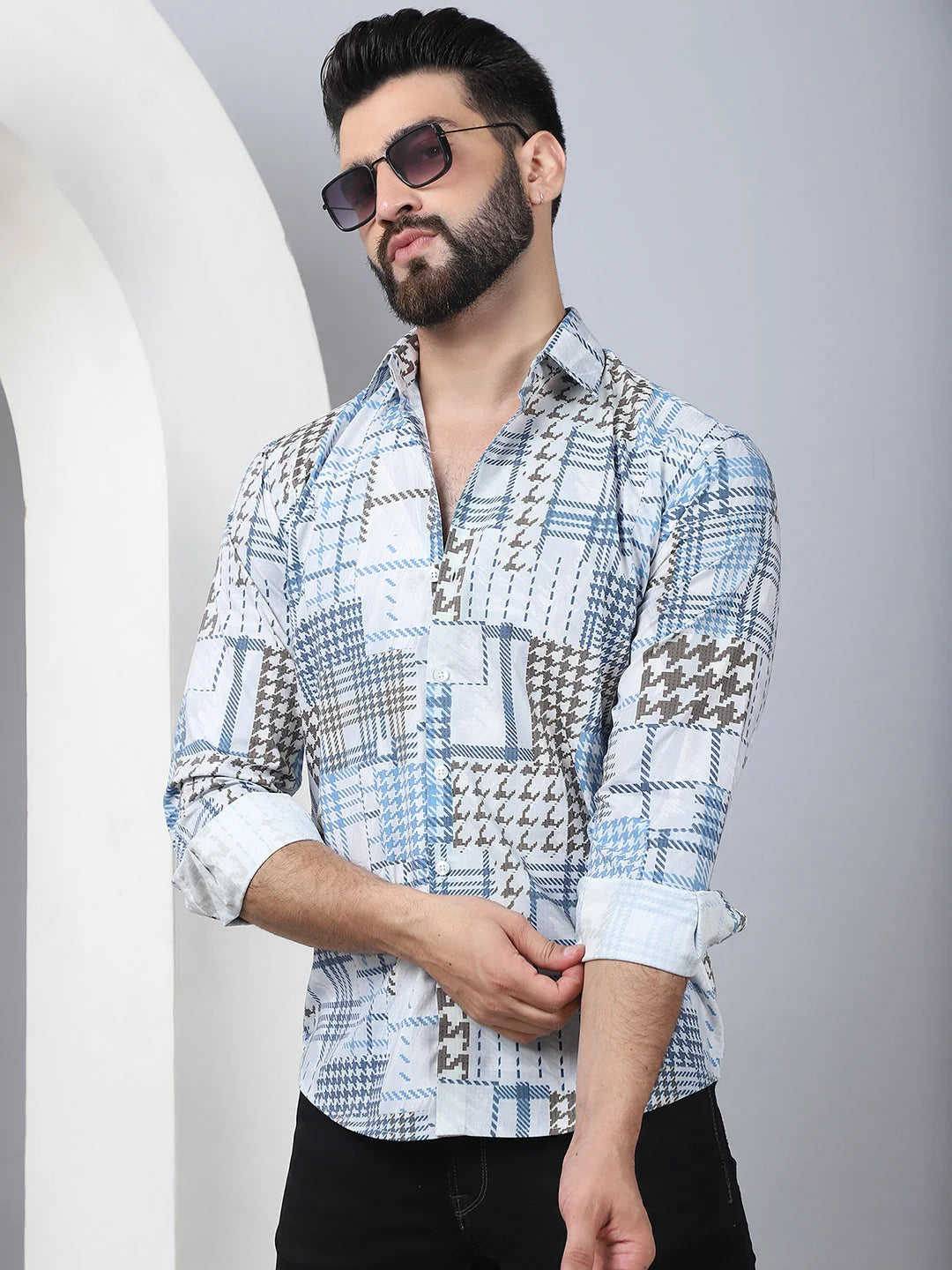 Geometric Blue Cotton Mens Shirt - Printed Casual Shirt